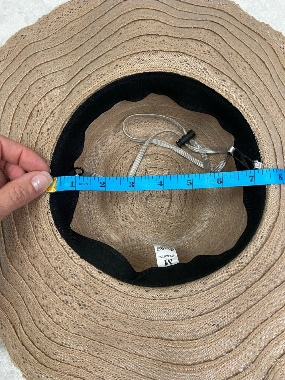 Women’s Wide Brim Adjustable Crochet Sun Hat - Tan with faux leather accent.